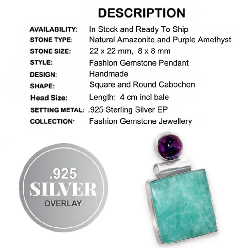 Natural Peruvian Amazonite and Purple Amethyst Gemstone .925 Sterling Silver Pendant