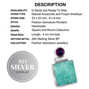 Natural Peruvian Amazonite and Purple Amethyst Gemstone .925 Sterling Silver Pendant