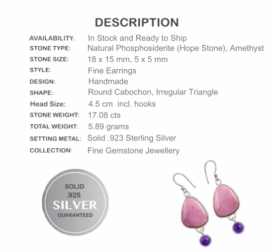 17.08 cts Natural Purple Phosphosiderite ( Hope Stone) Amethyst Solid .925 Sterling Silver Earrings - BELLADONNA