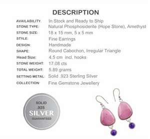 17.08 cts Natural Purple Phosphosiderite ( Hope Stone) Amethyst Solid .925 Sterling Silver Earrings - BELLADONNA