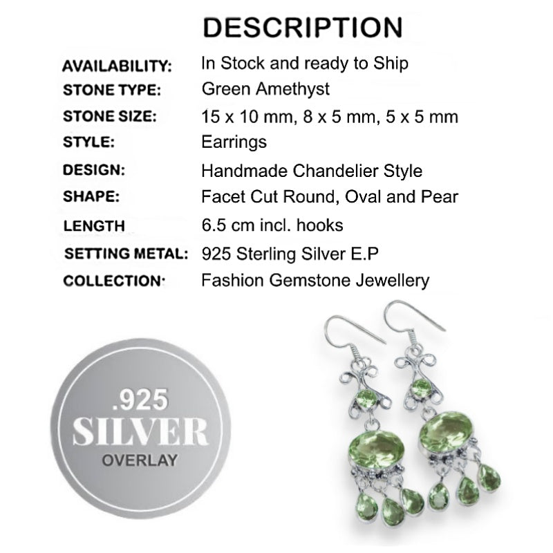 Exquisite Long Green Amethyst Gemstone Chandelier .925 Silver Earrings