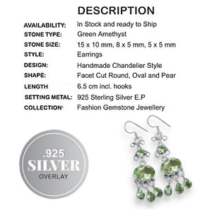 Exquisite Long Green Amethyst Gemstone Chandelier .925 Silver Earrings