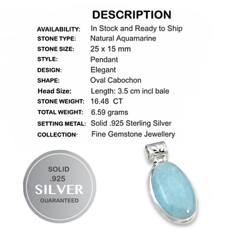 16.48 ct Natural Aquamarine Gemstone Solid .925 Sterling Silver Pendant