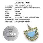 Two Tone Natural  Blue Schiller Rainbow Moonstone Solid .925 Sterling Silver Pendant