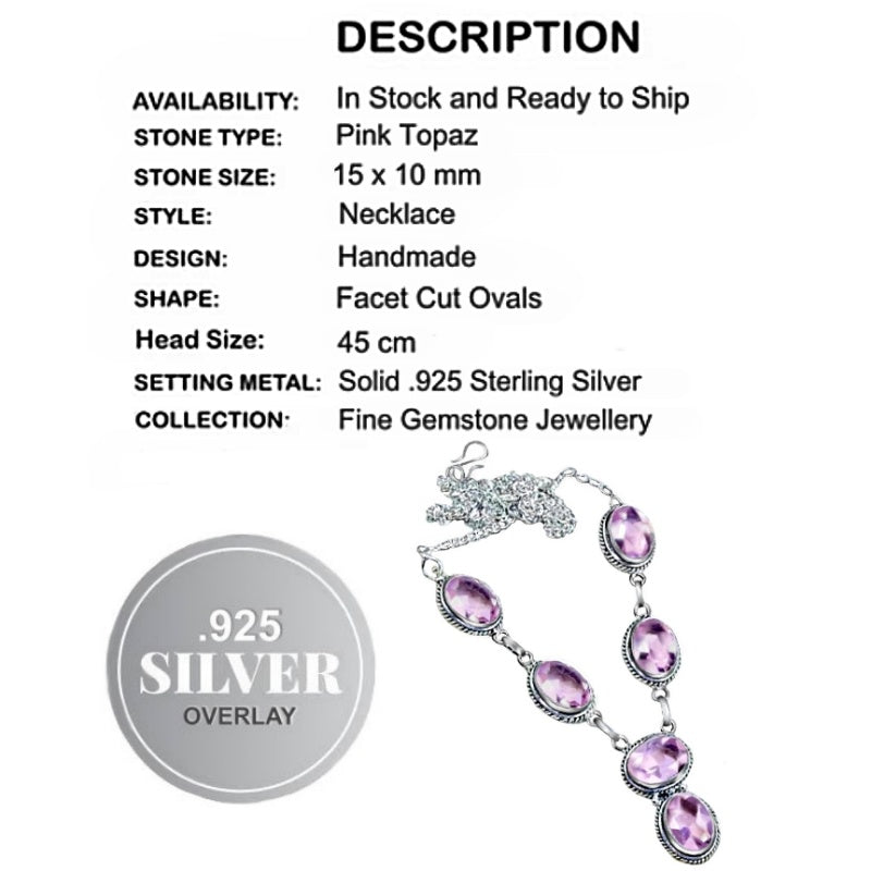 Exquisite Faceted Pink Topaz Oval Gemstones .925 Silver Necklace