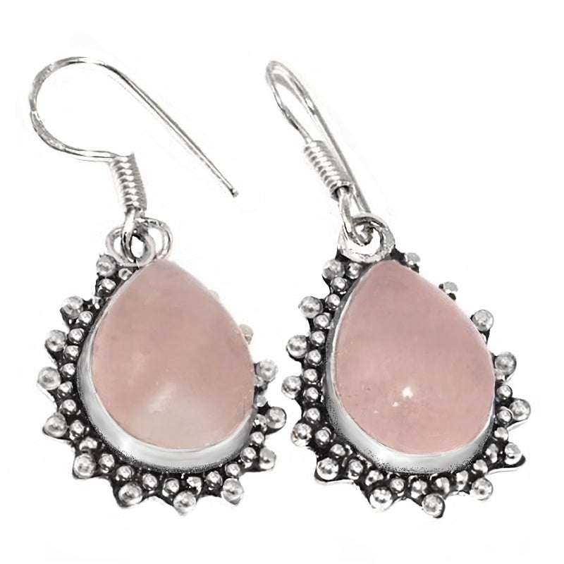 Natural Pink Rose Quartz Gemstone Silver Earrings