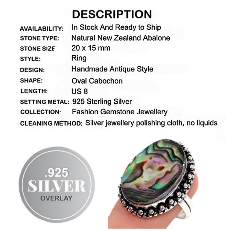 New Zealand Abalone Set In .925 Sterling Silver Ring Size 8