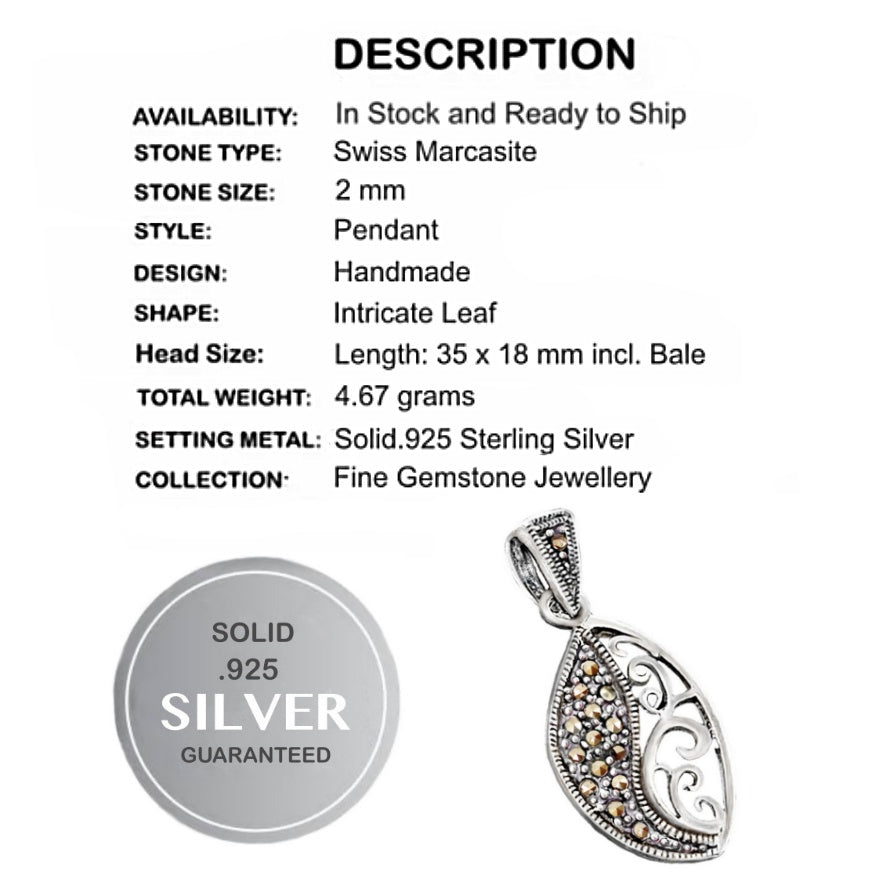 4.67 cts Swiss Marcasite Leaf Pendant .925 Solid Sterling Silver