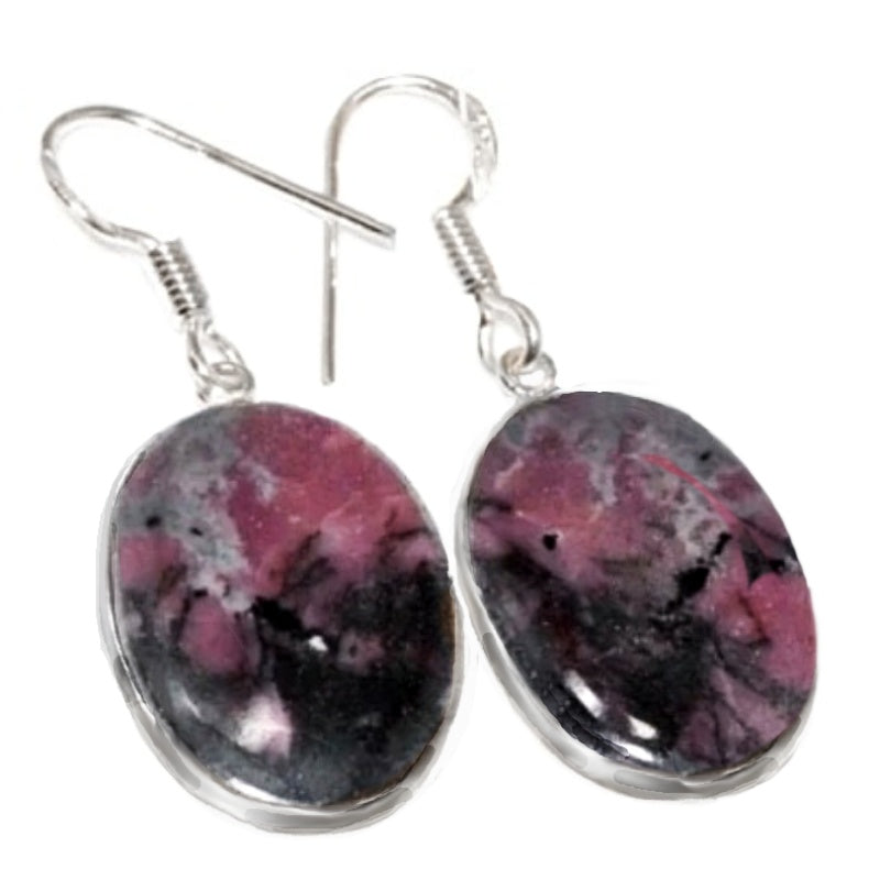 Natural Rhodonite Oval Gemstone .925 Silver Earrings