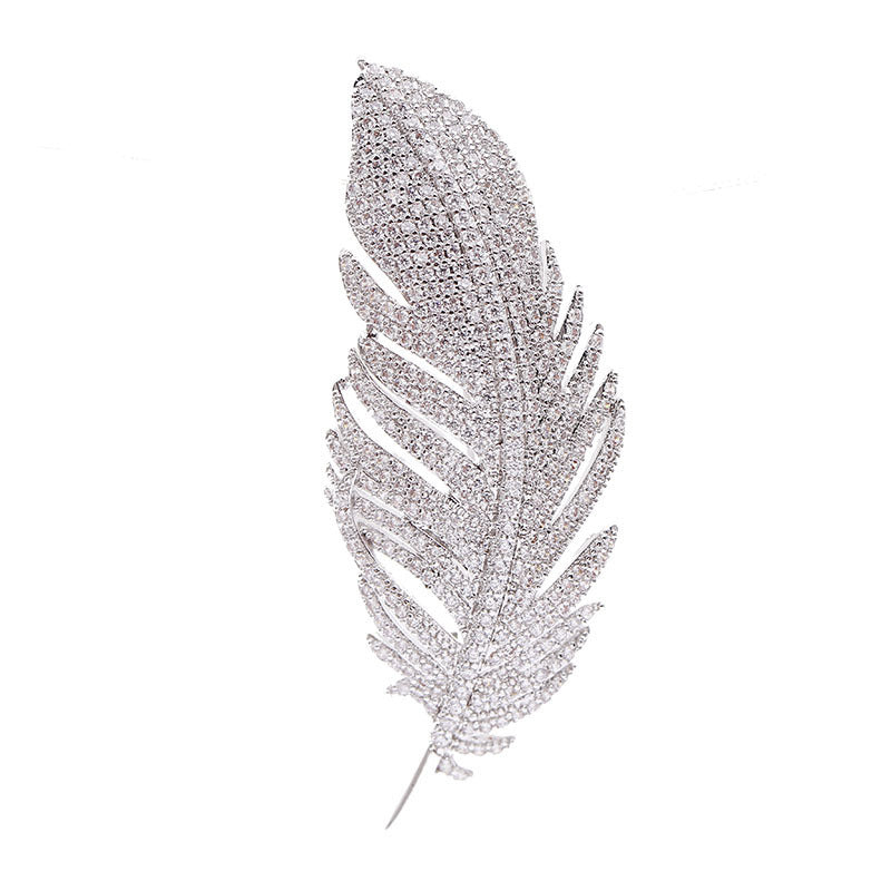 Women's Elegant Micro-inlaid White Zirconia Feather Brooch for Garments and Accessories - BELLADONNA