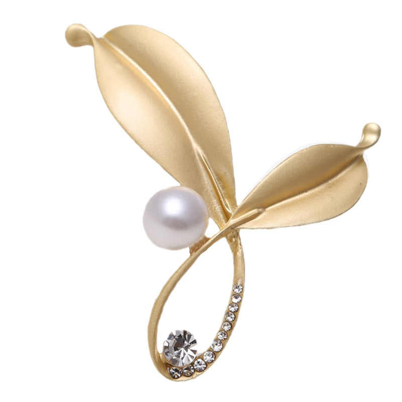 Modern Twig Leaf And Pearl Design with White Cubic Zirconia Brooch Pin in Gold or Silver - BELLADONNA