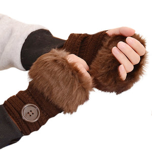 Winter Warm Knitted Half-Finger Faux Fur Gloves with Button Detail - BELLADONNA