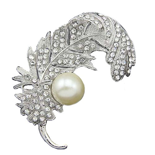 Stylish Fashion Pearl and Rhinestone Feather Brooch in Gold or Silver - BELLADONNA