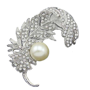 Stylish Fashion Pearl and Rhinestone Feather Brooch in Gold or Silver - BELLADONNA