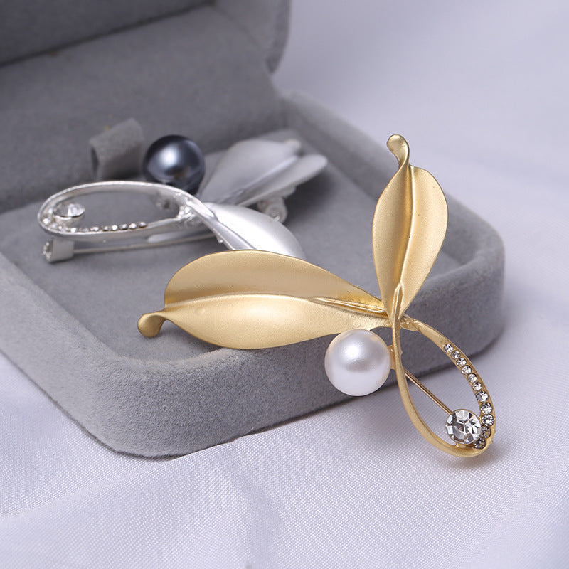 Modern Twig Leaf And Pearl Design with White Cubic Zirconia Brooch Pin in Gold or Silver - BELLADONNA