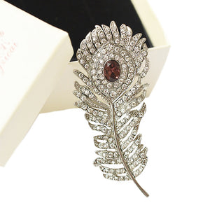 Deluxe White Cubic Zirconia Embellished Peacock Feather Brooch - BELLADONNA