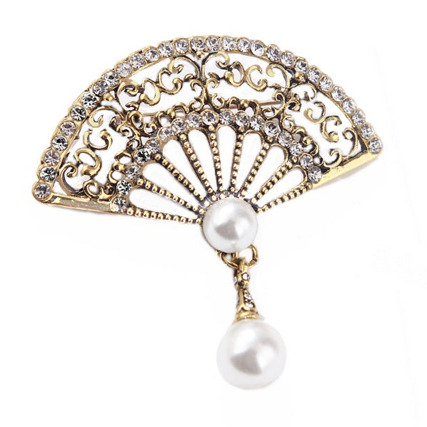 Intricate Rhinestone and Pearl with Ornate Detailing Fan Brooch for Coat Scarf or Shawl - BELLADONNA