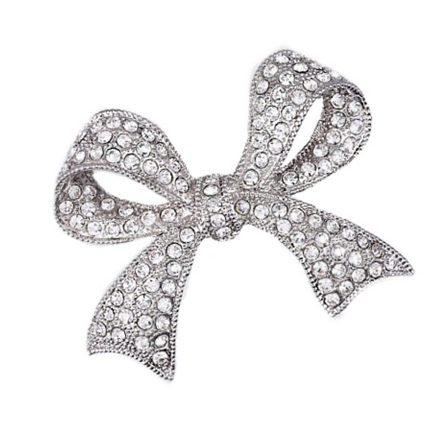 Women's White Cubic Zirconia Bow Brooch Accessory in Silver - BELLADONNA