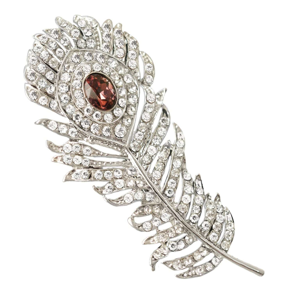 Deluxe White Cubic Zirconia Embellished Peacock Feather Brooch - BELLADONNA