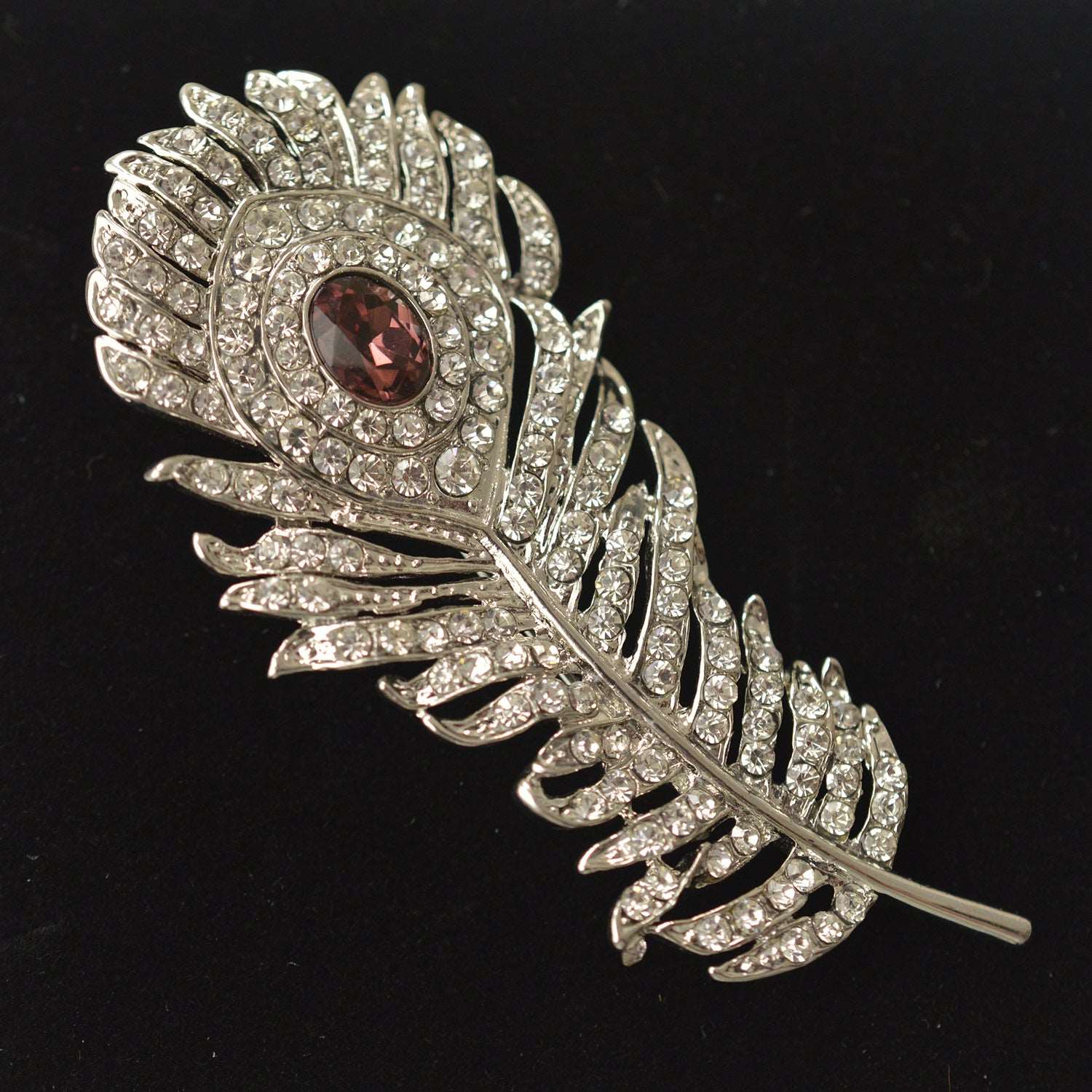 Deluxe White Cubic Zirconia Embellished Peacock Feather Brooch - BELLADONNA