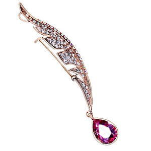 White Cubic Zirconia Feather Brooch with Drop Dangle Pear Gemstone in Silver and Blue or Gold and Rose Red - BELLADONNA