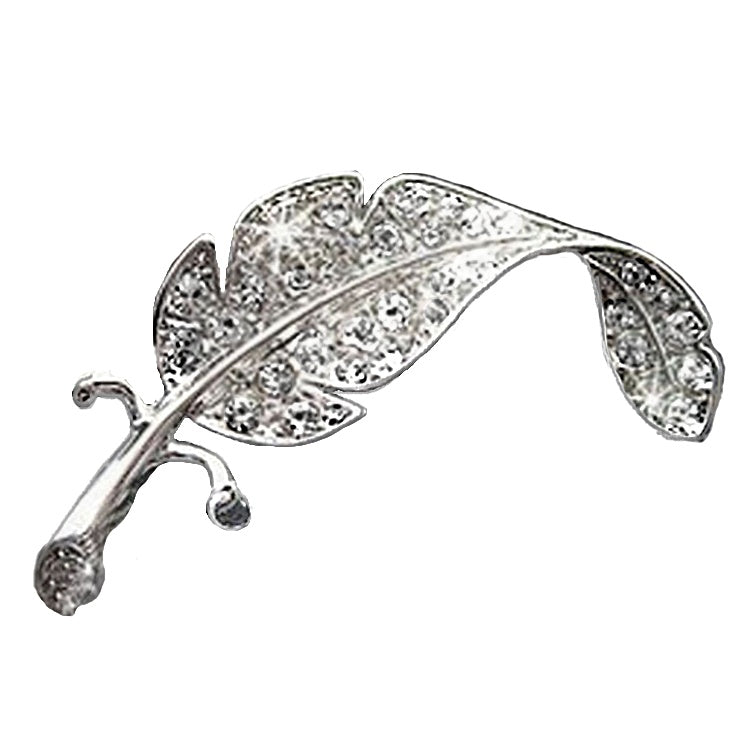 Elegant Fully Embellished With White Cubic Zirconias Silver Leaf Brooch - BELLADONNA