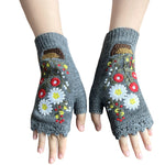 Winter Warm Floral Knitted Crochet and Machine Embroidered Fingerless Gloves - BELLADONNA