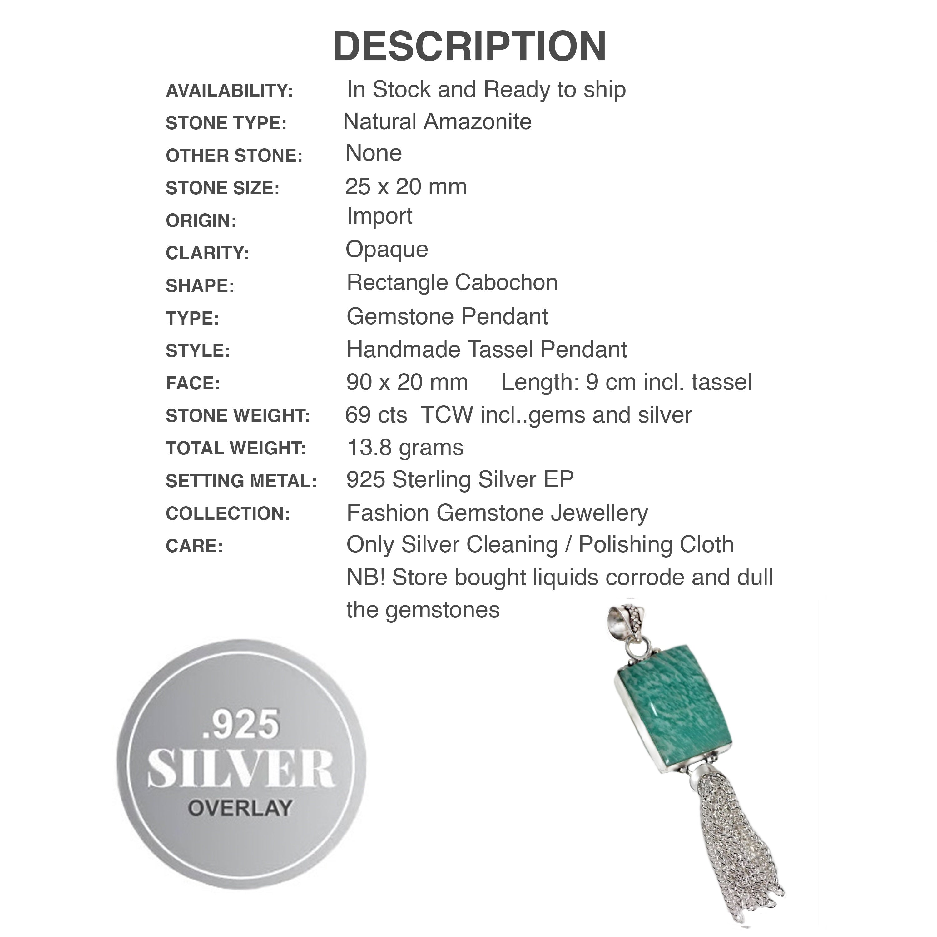 Natural Peruvian Amazonite .925 Sterling Silver Tassel Pendant