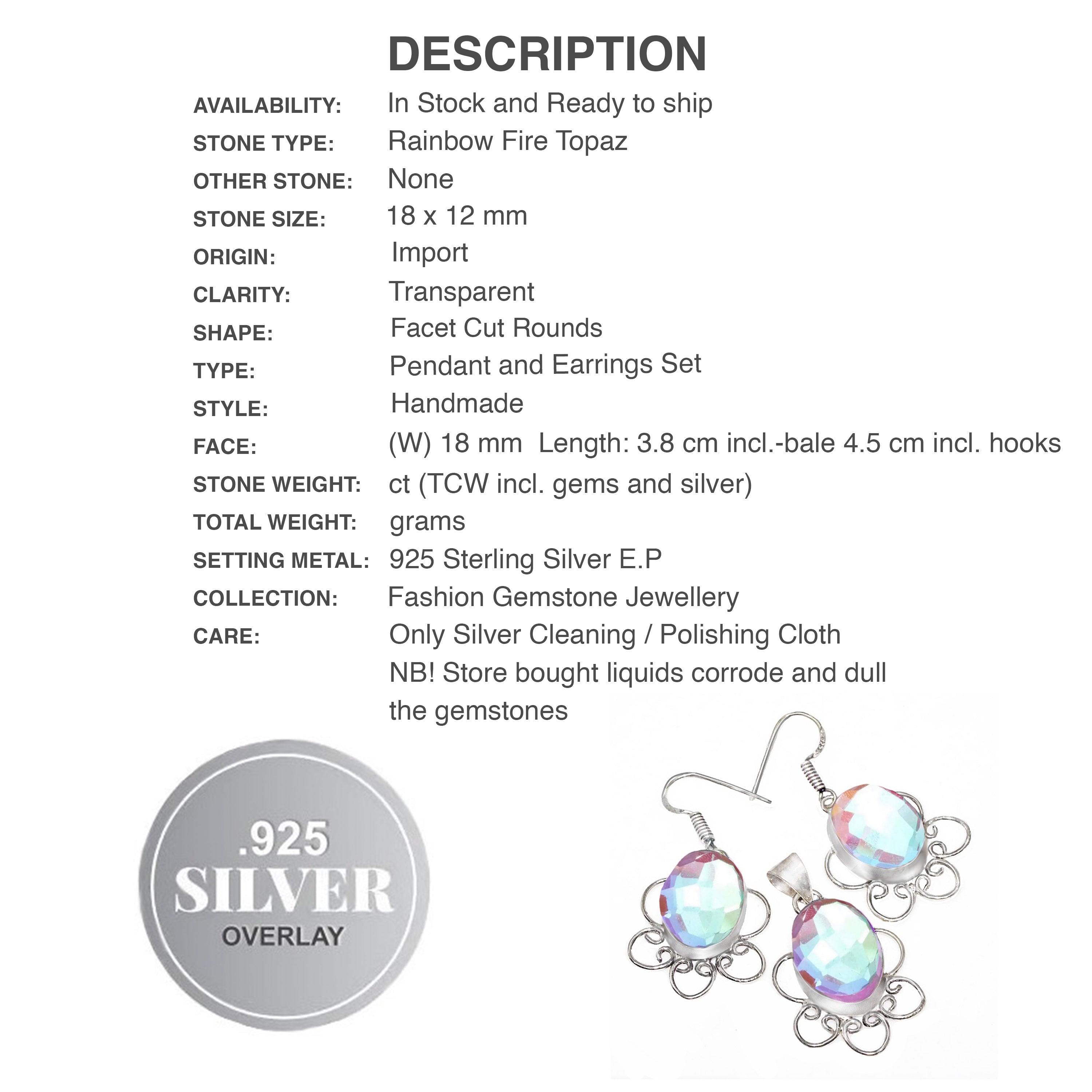 Handmade Rainbow Fire Topaz Gemstone Ovals .925 Sterling Silver Pendant and Earrings Set