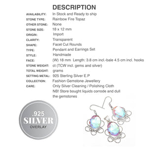 Handmade Rainbow Fire Topaz Gemstone Ovals .925 Sterling Silver Pendant and Earrings Set