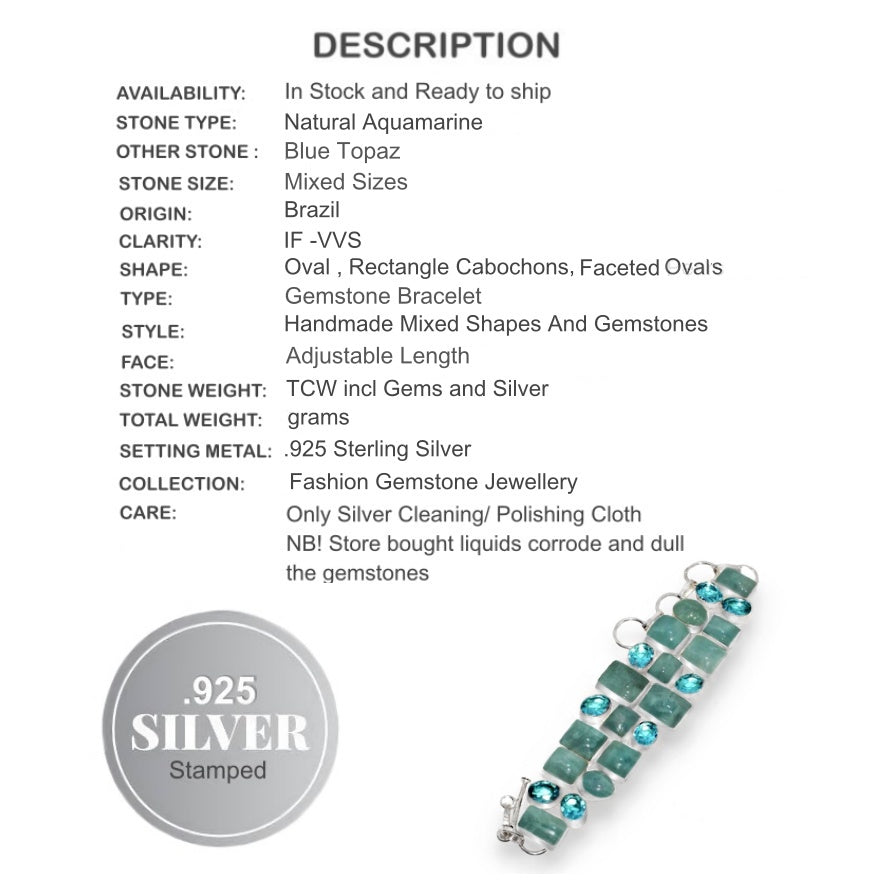 Rare Find Natural Aquamarine and Swiss Blue Topaz Gemstone 925 Silver Bracelet