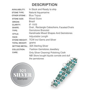 Rare Find Natural Aquamarine and Swiss Blue Topaz Gemstone 925 Silver Bracelet