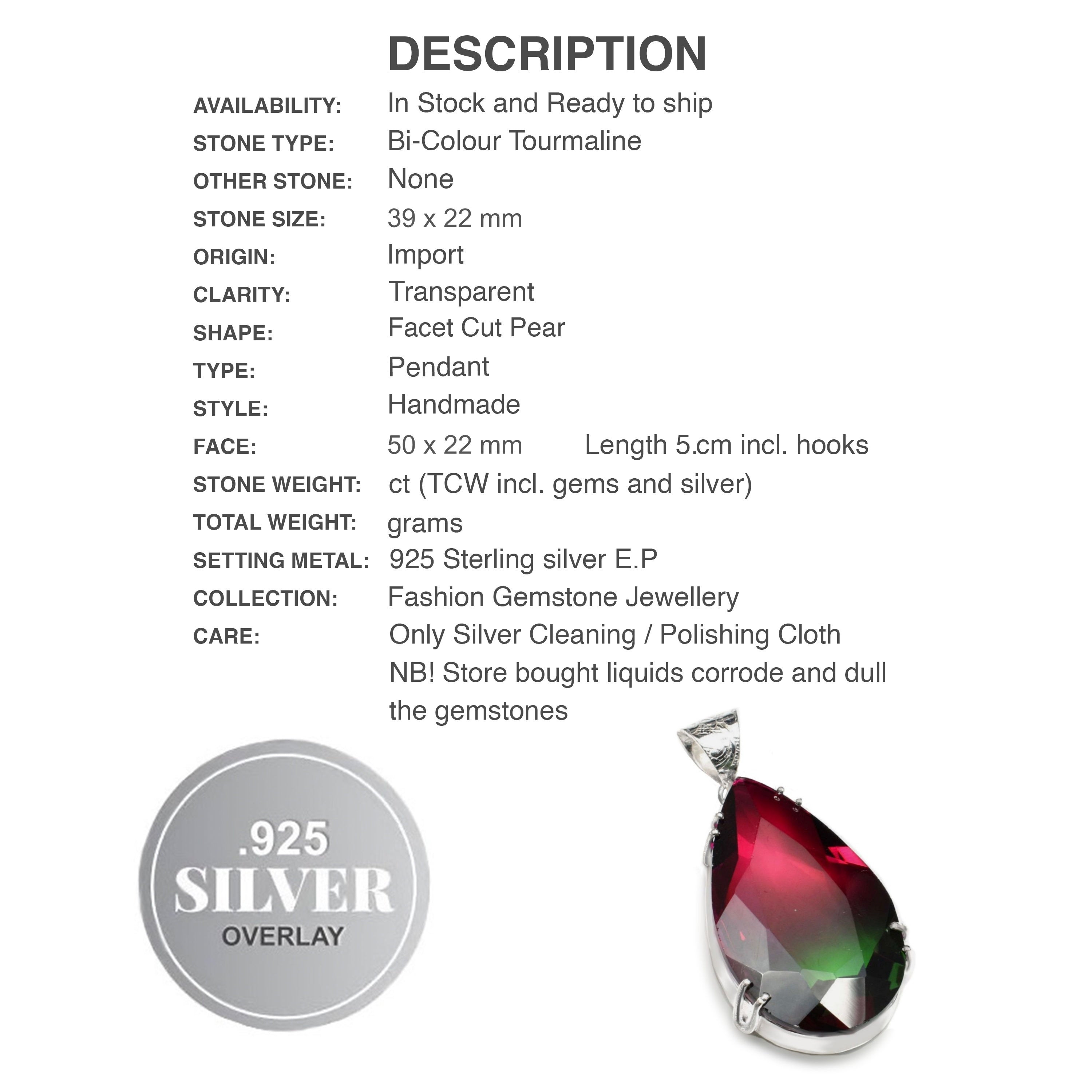 Handmade Bi-Colour Tourmaline Pear Shape Gemstone .925 Sterling Silver Fashion Pendant