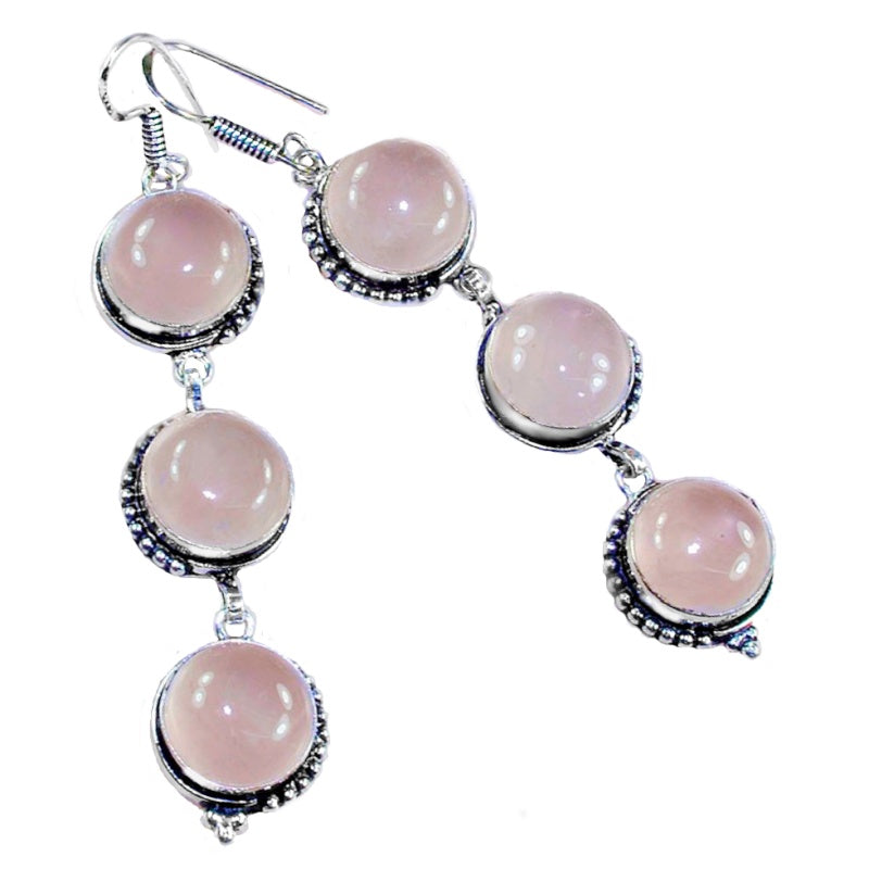 Natural Pink Rose Quartz Long Dangle Earrings .925 Silver Plated