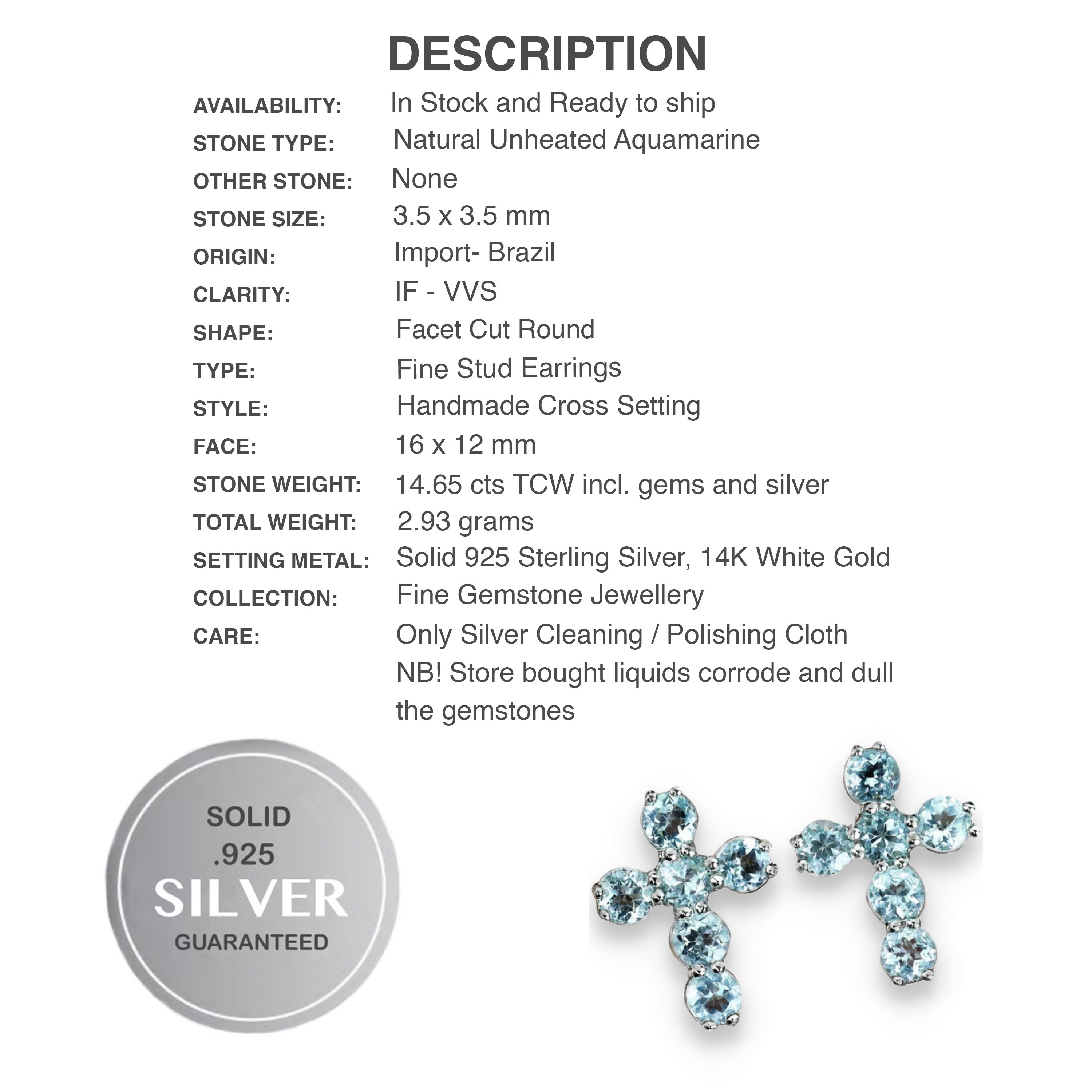 Natural Unheated Aquamarine Gemstone Solid .925 Sterling Silver Cross Stud Earrings