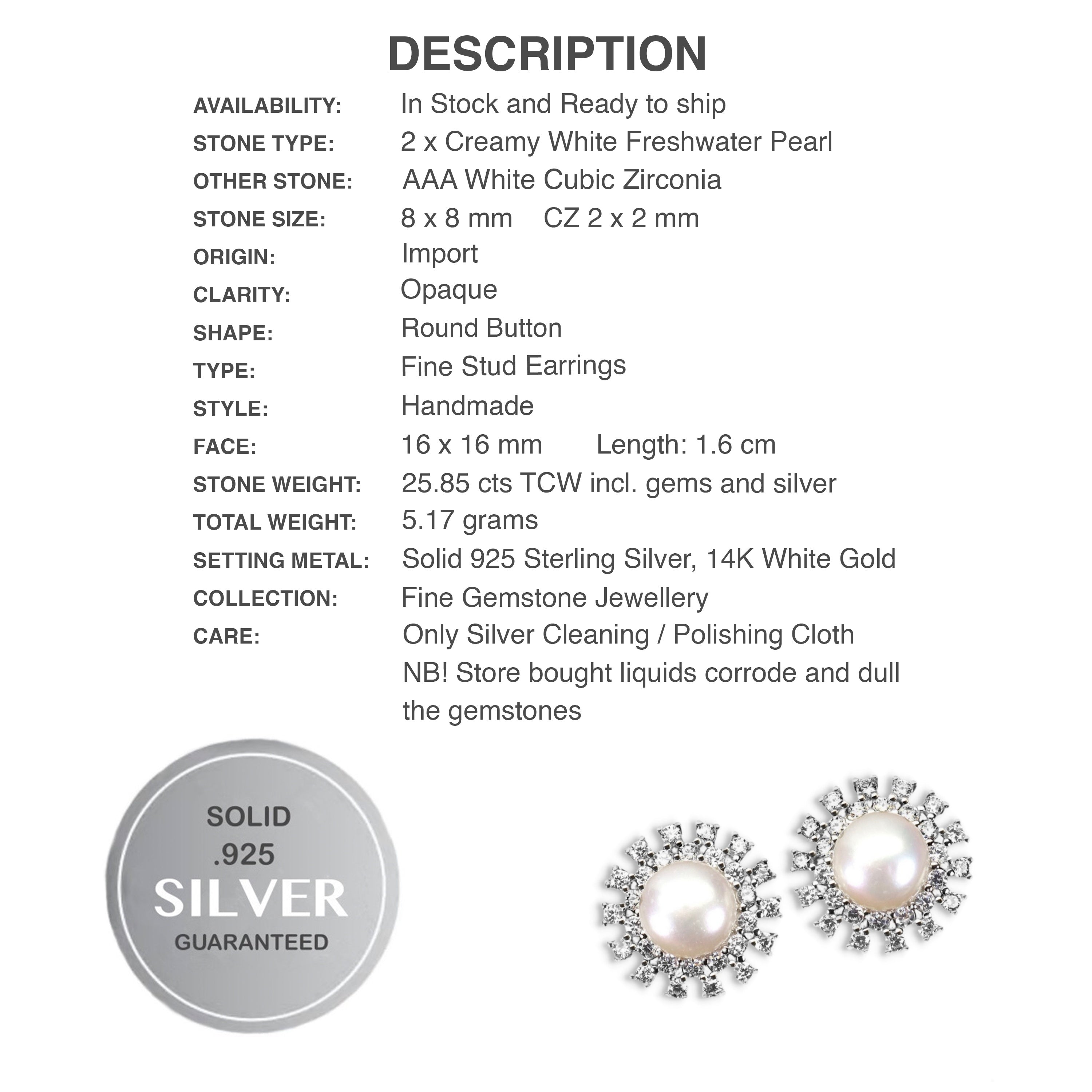 Deluxe 8 mm Natural Freshwater White Pearl, White CZ Solid .925 Silver 14K White Gold Stud Earrings