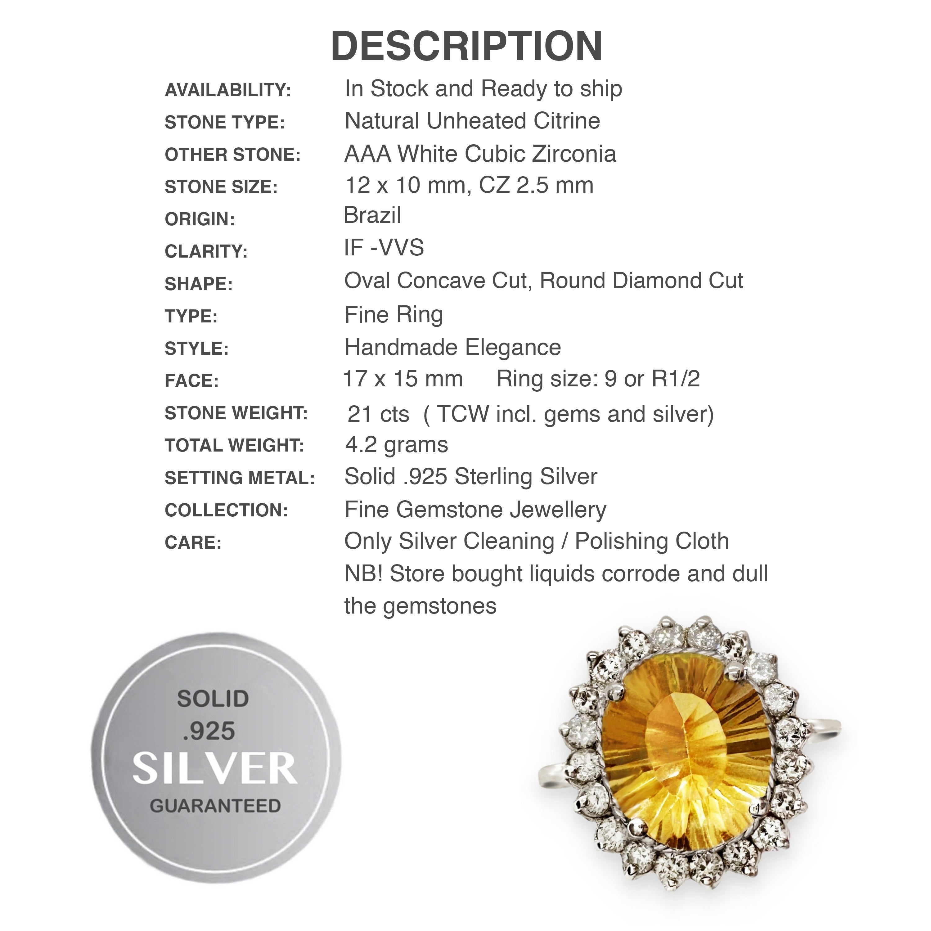 Natural Citrine, AAA White Cubic Zirconia Solid .925 Silver,14K White Gold Ring Size 9 or R1/2