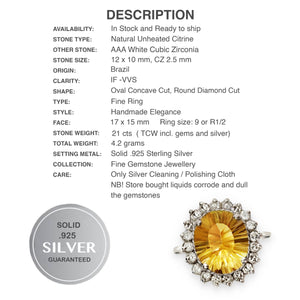 Natural Citrine, AAA White Cubic Zirconia Solid .925 Silver,14K White Gold Ring Size 9 or R1/2