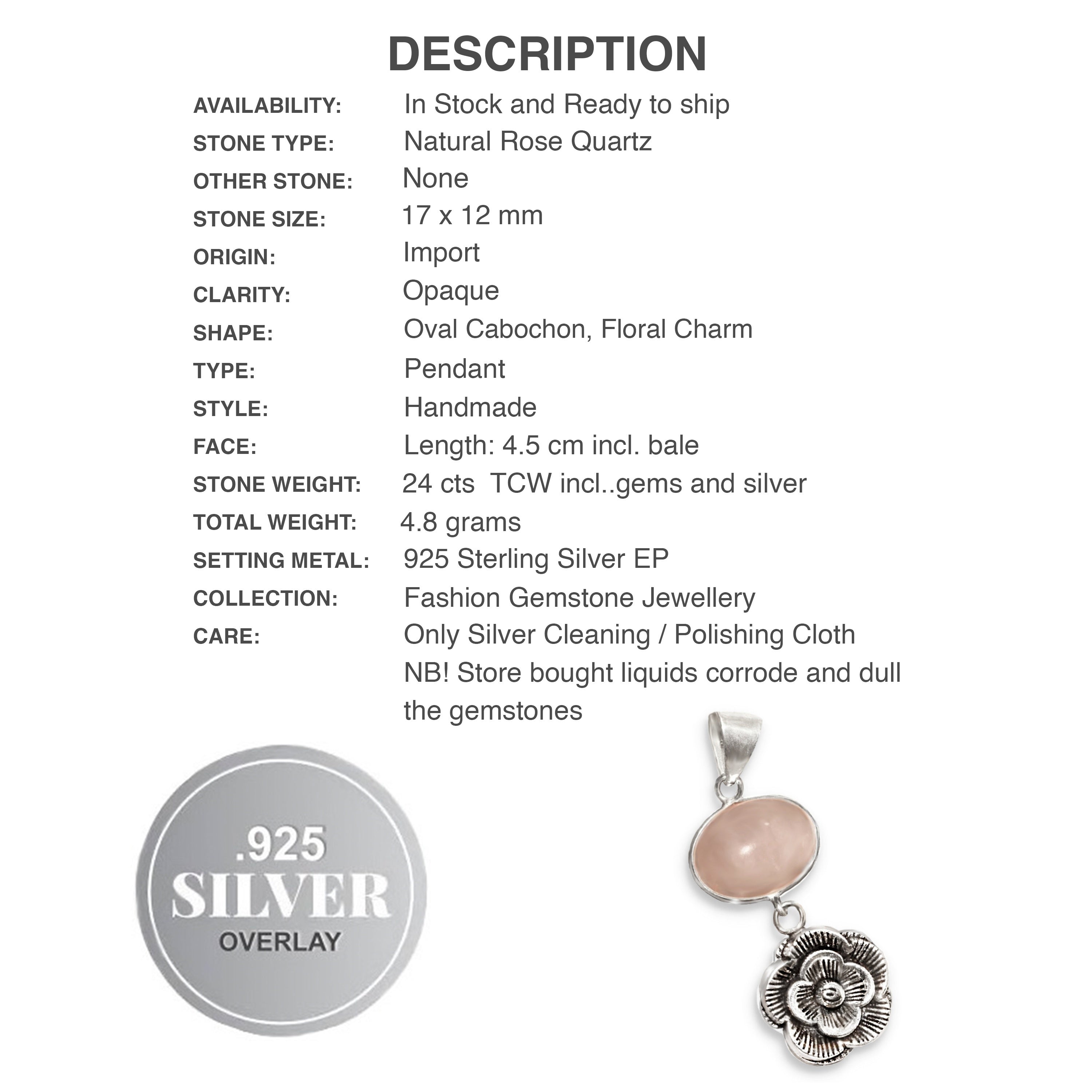 Natural Rose Quartz With Floral Charm .925 Sterling Silver Pendant