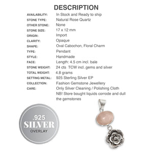 Natural Rose Quartz With Floral Charm .925 Sterling Silver Pendant