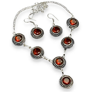 Handmade Garnet Round Gemstones .925 Silver Necklace and Earrings Set