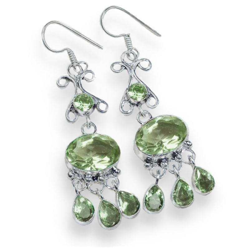 Exquisite Long Green Amethyst Gemstone Chandelier .925 Silver Earrings