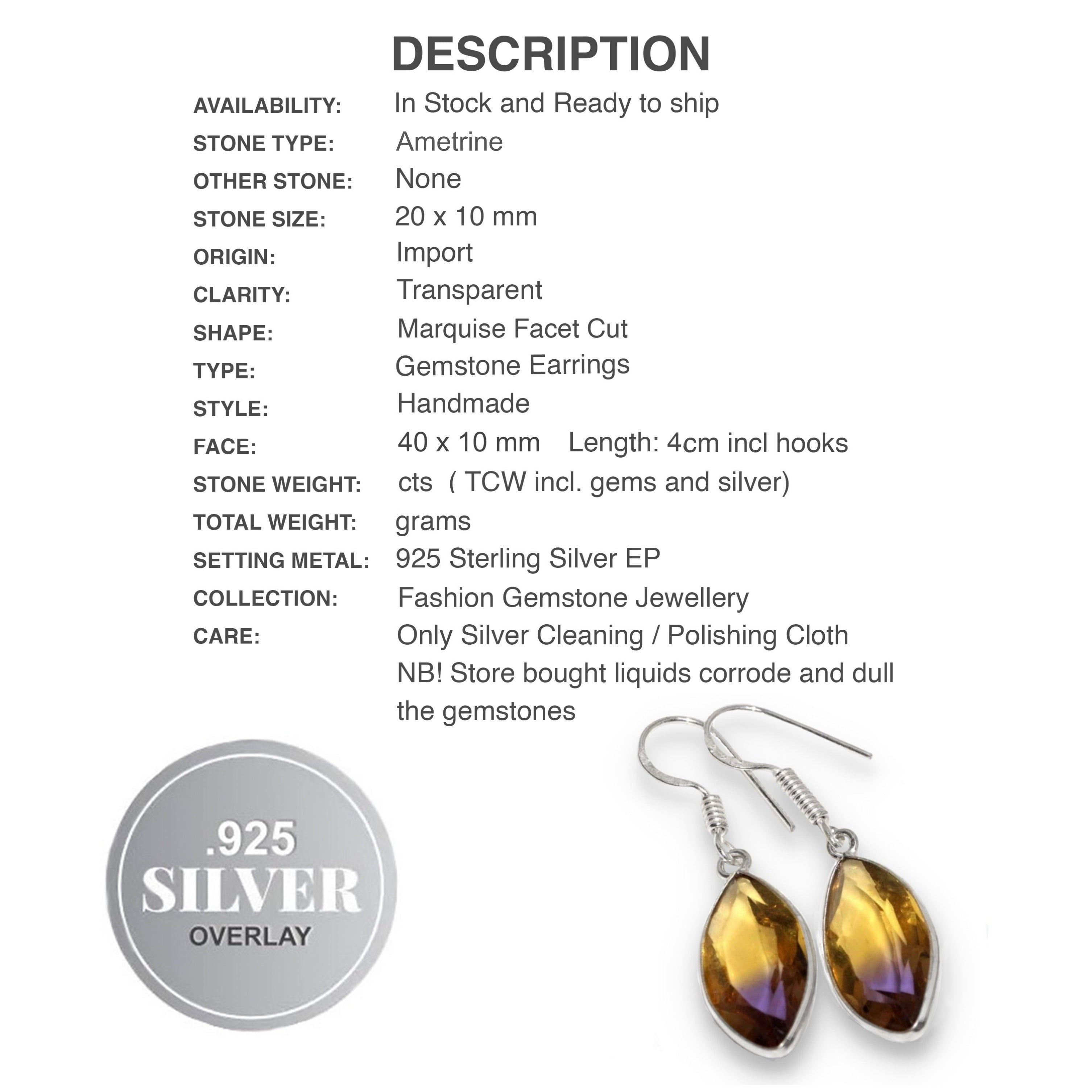 Handmade Ametrine Marquise Shape Gemstone .925 Sterling Silver Plated Earrings