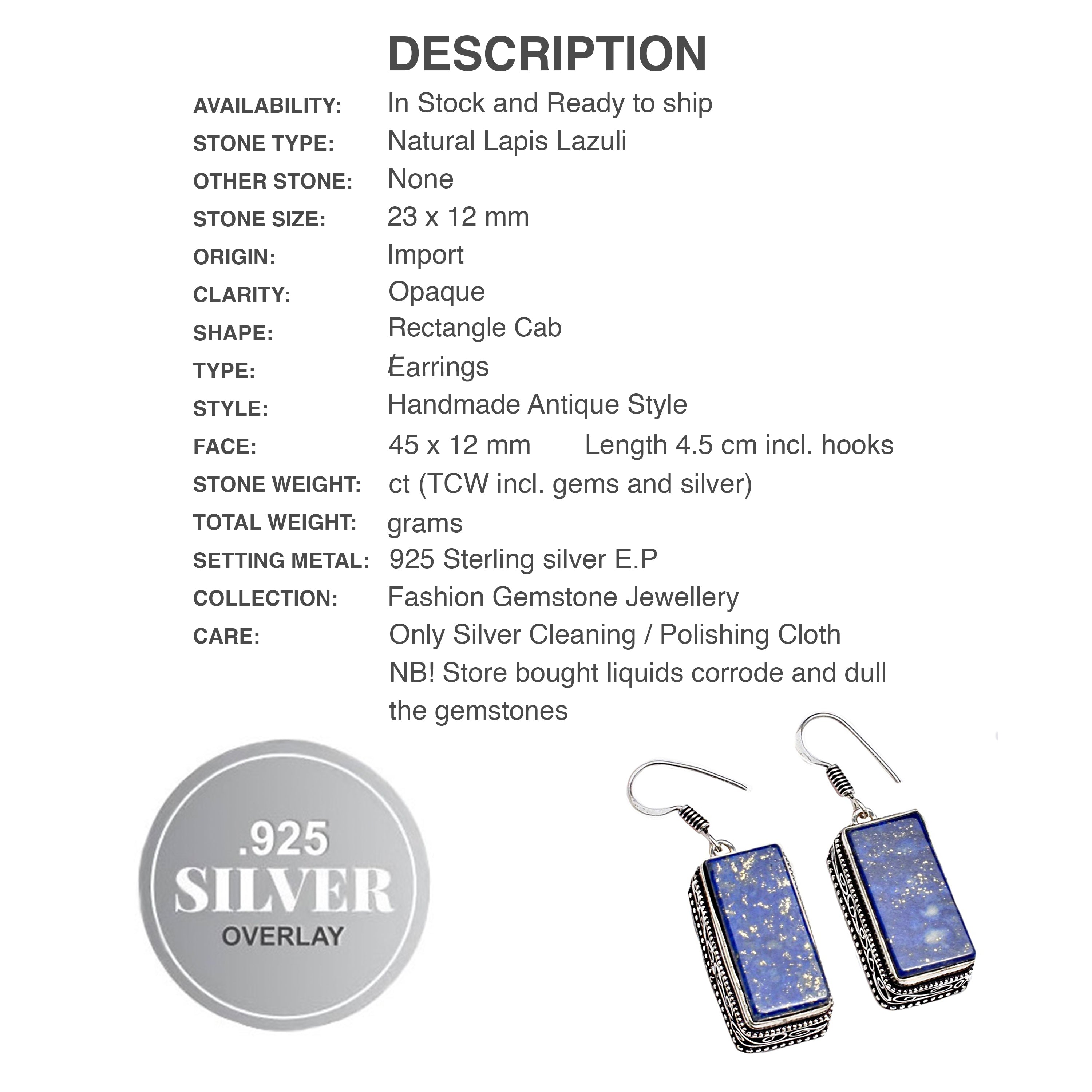 Natural Lapis Lazuli Rectangle Shape Gemstone .925 Silver Earrings