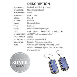 Natural Lapis Lazuli Rectangle Shape Gemstone .925 Silver Earrings