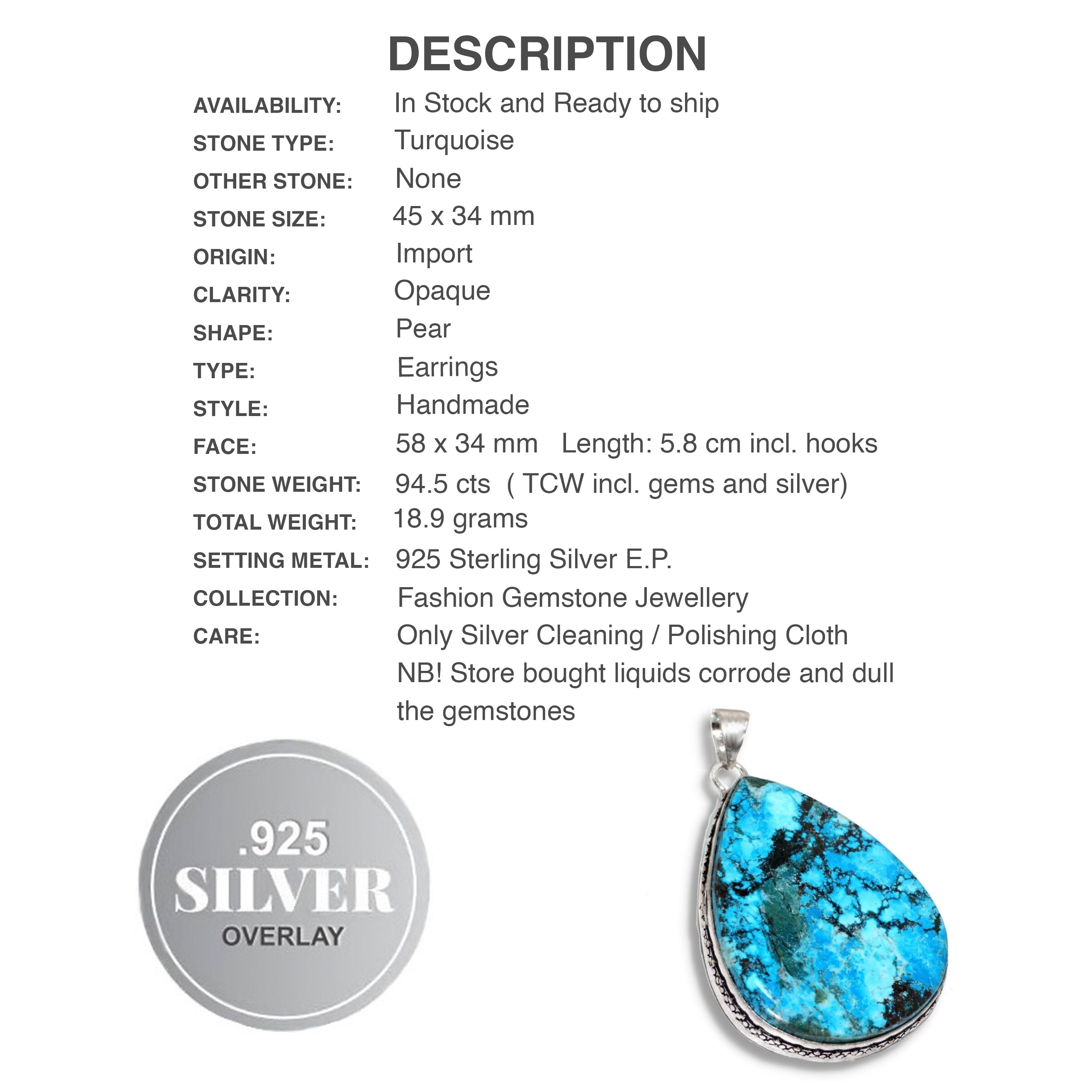 Handmade Antique Style Turquoise Pear 925 Sterling Silver Pendant