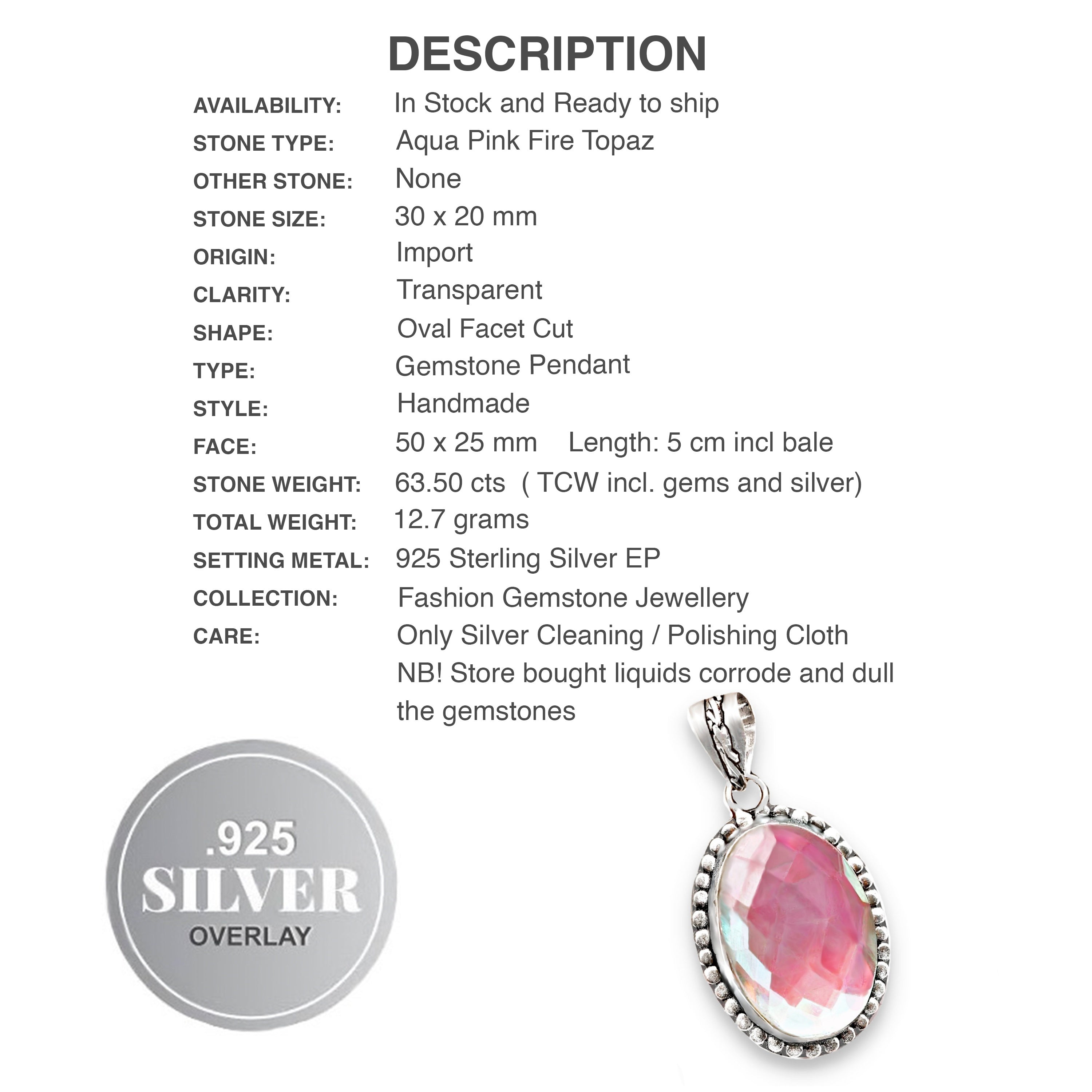 Handmade Aqua Pink Fire Topaz Gemstone .925 Sterling Silver Pendant