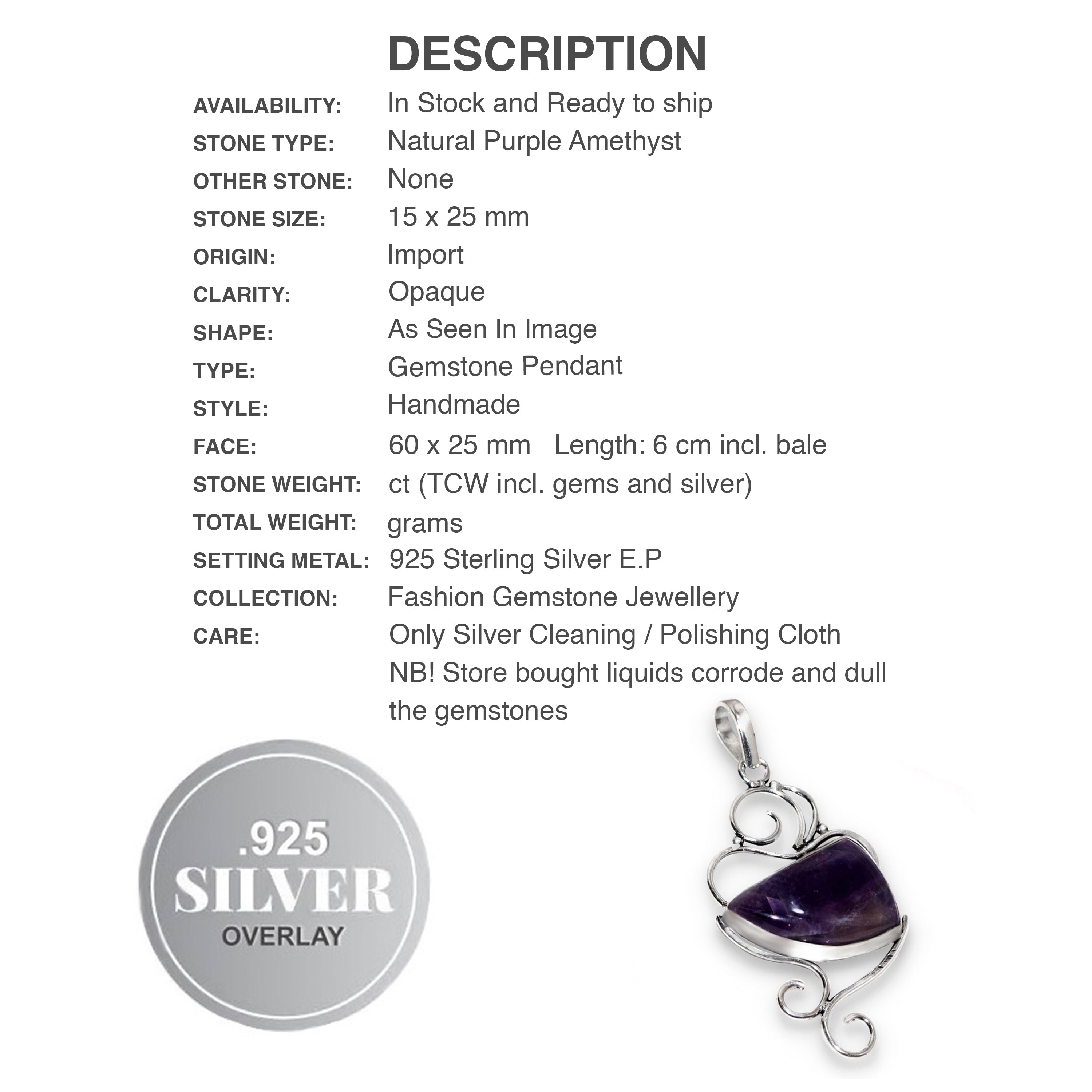 Handmade Unique Purple Amethyst Gemstone 925 Silver Pendant