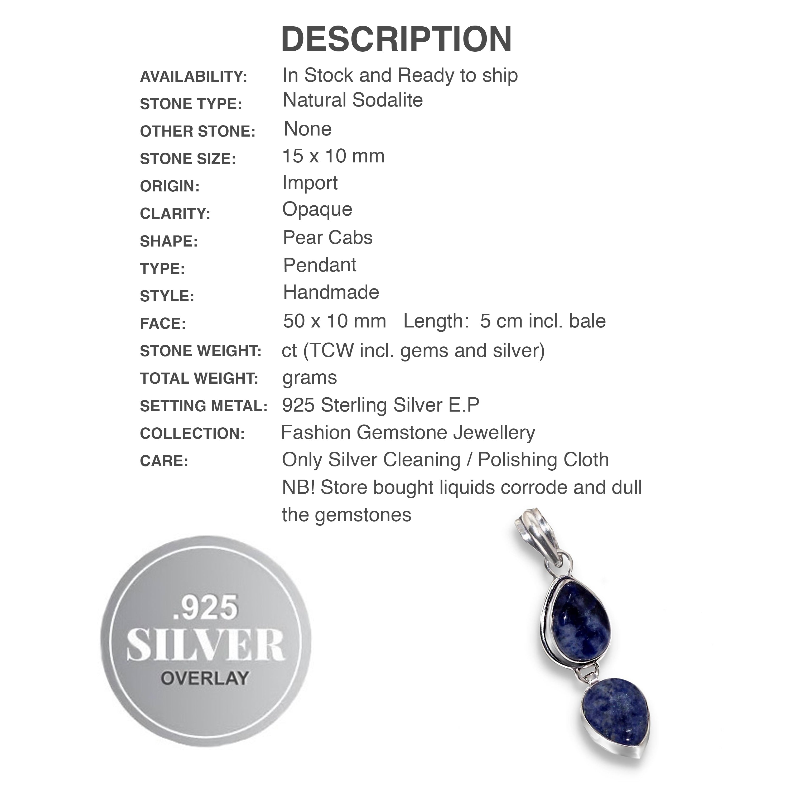 Handmade Natural Sodalite Pear Gemstones .925 Sterling Silver Pendant