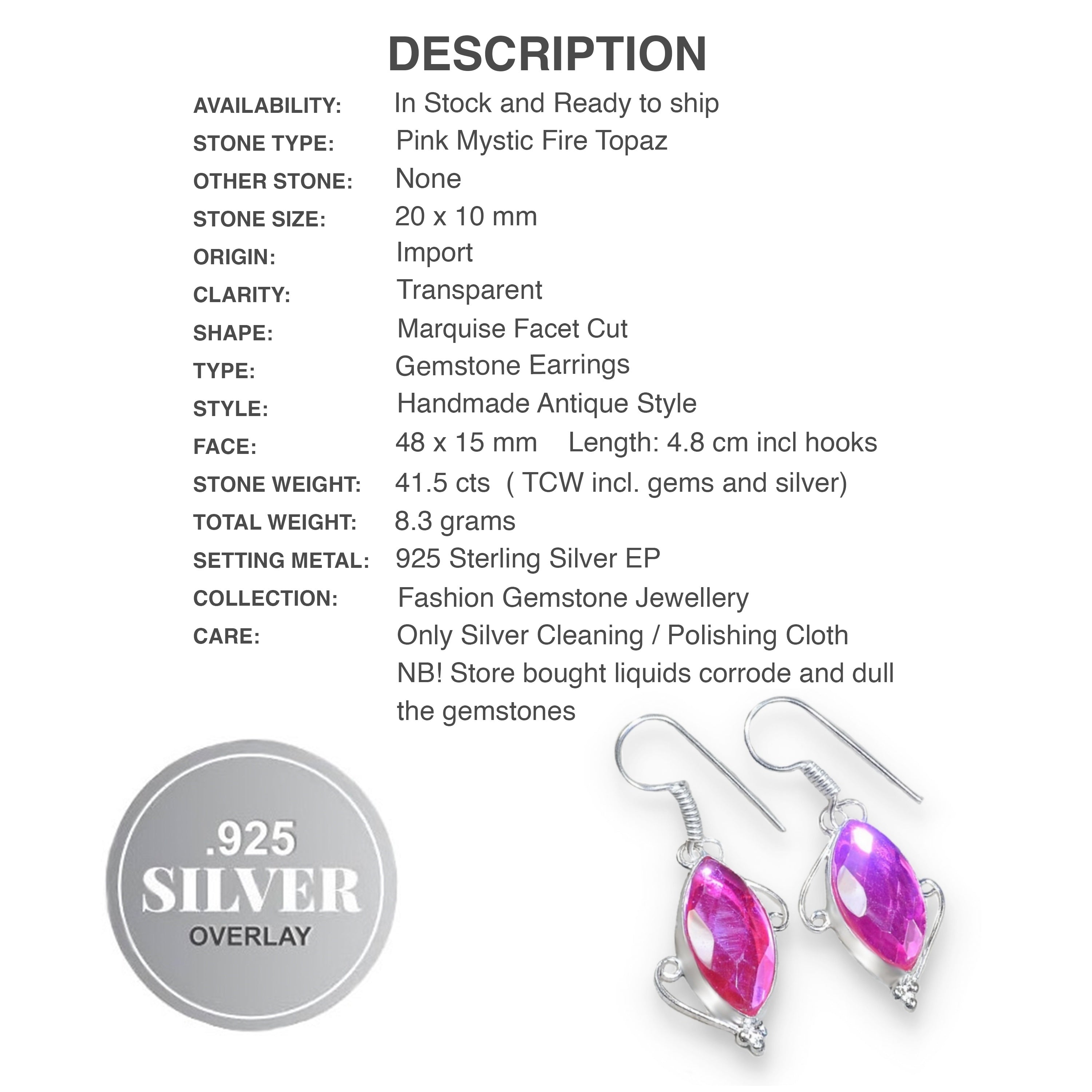 Handmade Pink Mystic Fire Topaz Gemstone .925 Sterling Silver Earrings